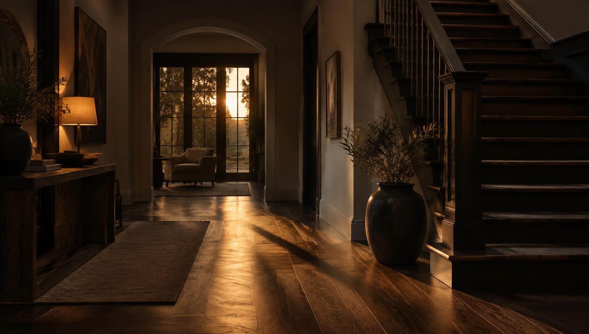 Warm entryway and staircase with rich wood flooring at golden hour