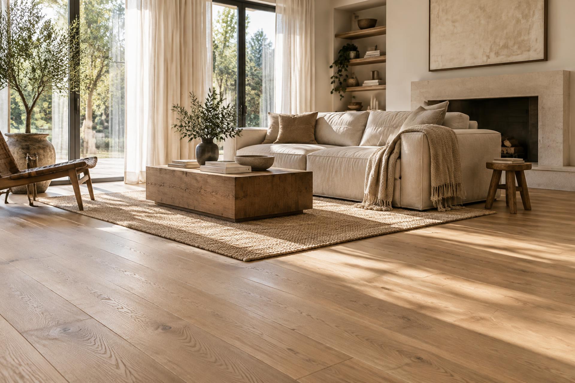 Sunlit living room with wide-plank oak hardwood flooring