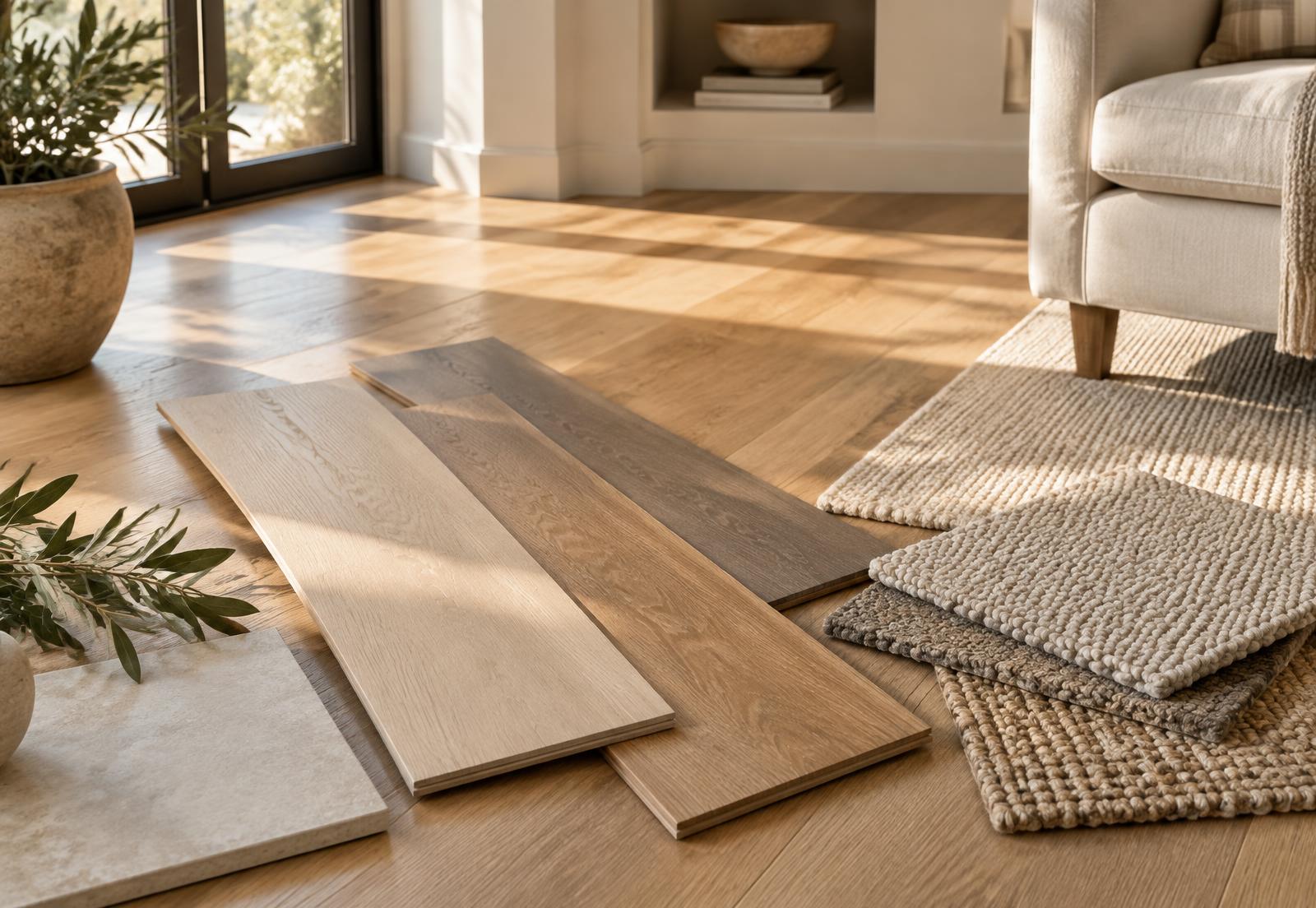 Hardwood, vinyl, tile and carpet samples laid out on a floor in a sunlit home